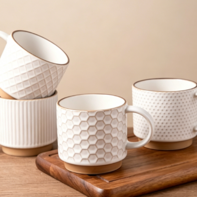 4-Piece Stackable Off-White Coffee Mug Set | 12oz Textured Ceramic | Microwave and Dishwasher Safe | Suitable for Latte, Cappuccino, and Cocoa